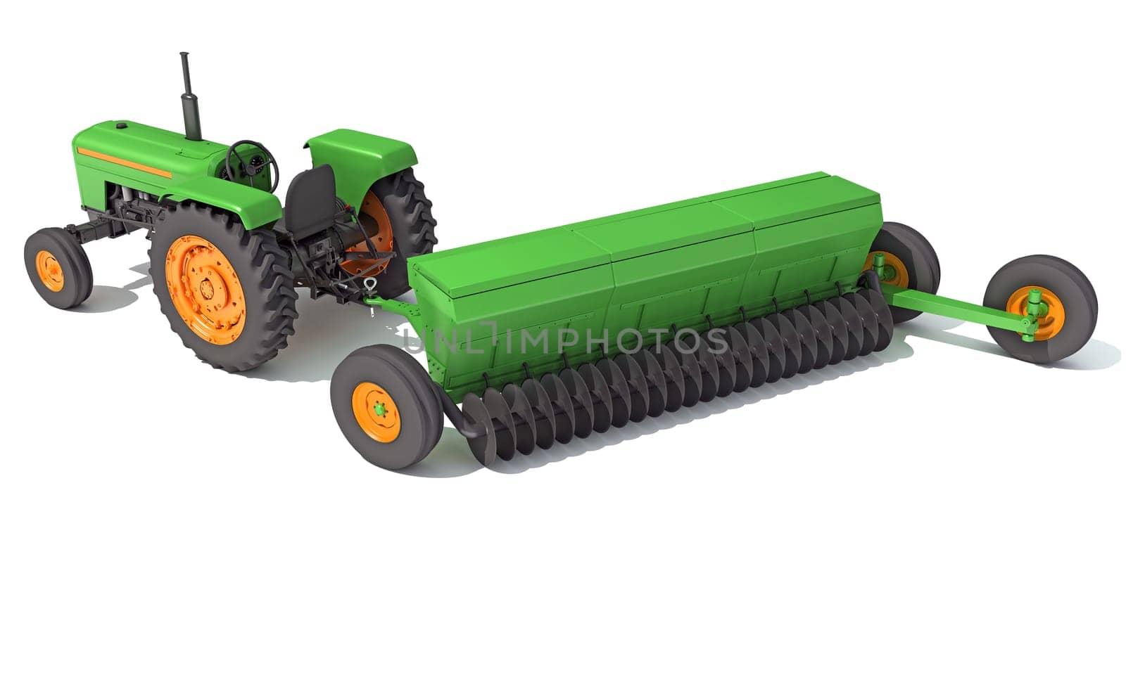 Tractor with Seed Drill farm equipment disc harrow 3D rendering on white background by 3DHorse