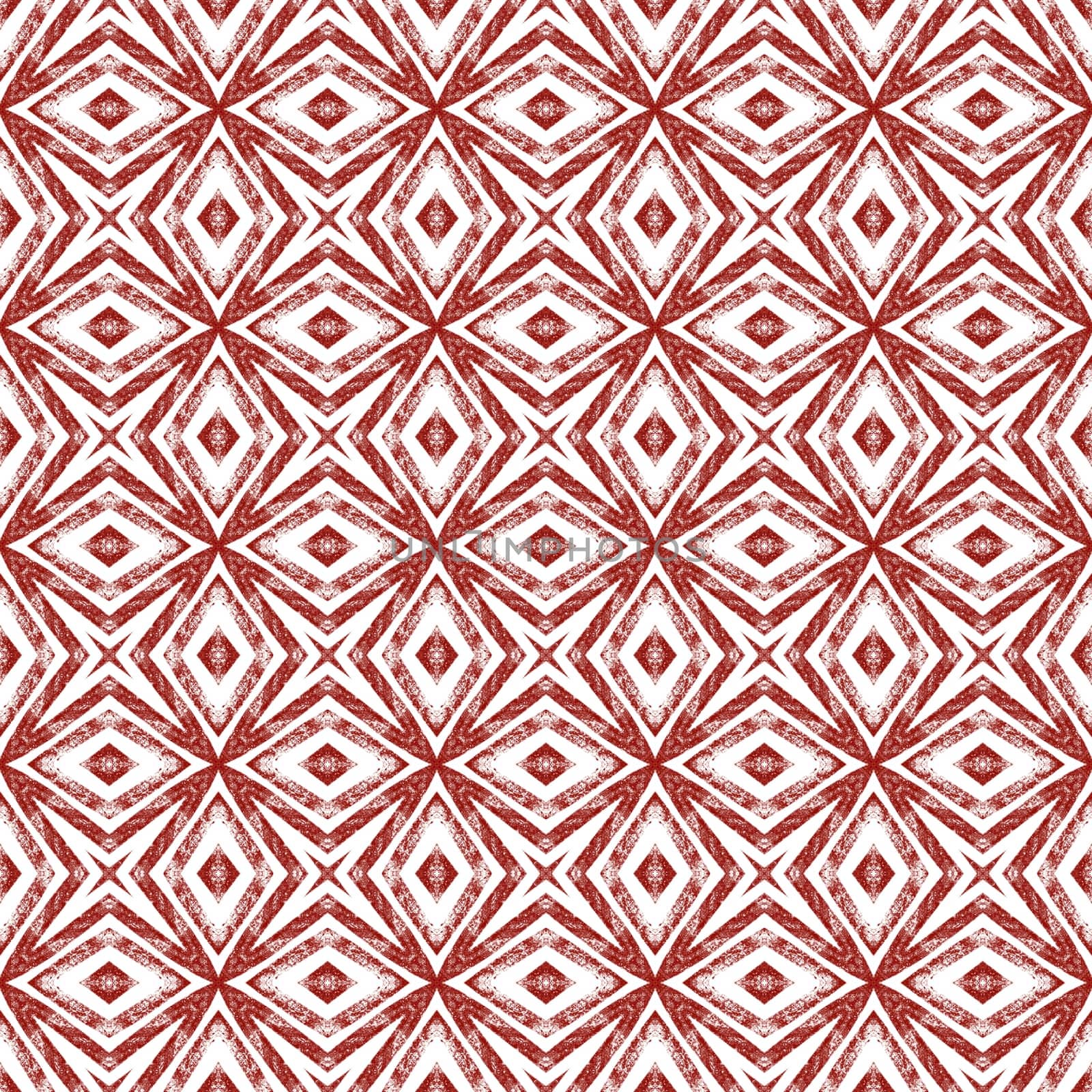 Ikat repeating swimwear design. Wine red symmetrical kaleidoscope background. Textile ready lively print, swimwear fabric, wallpaper, wrapping. Summer ikat sweamwear pattern.