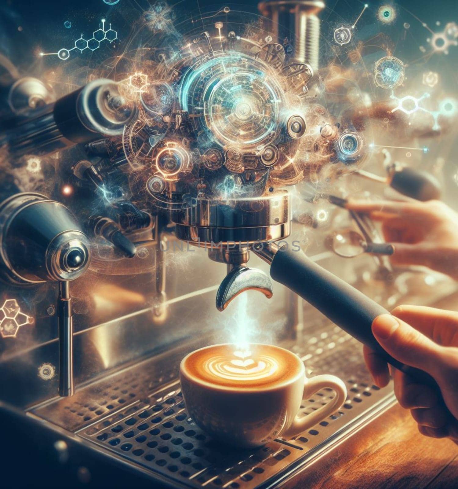 make latte art golden cappuccino at bar expert barista splashing cream fantasy illustration render art generated