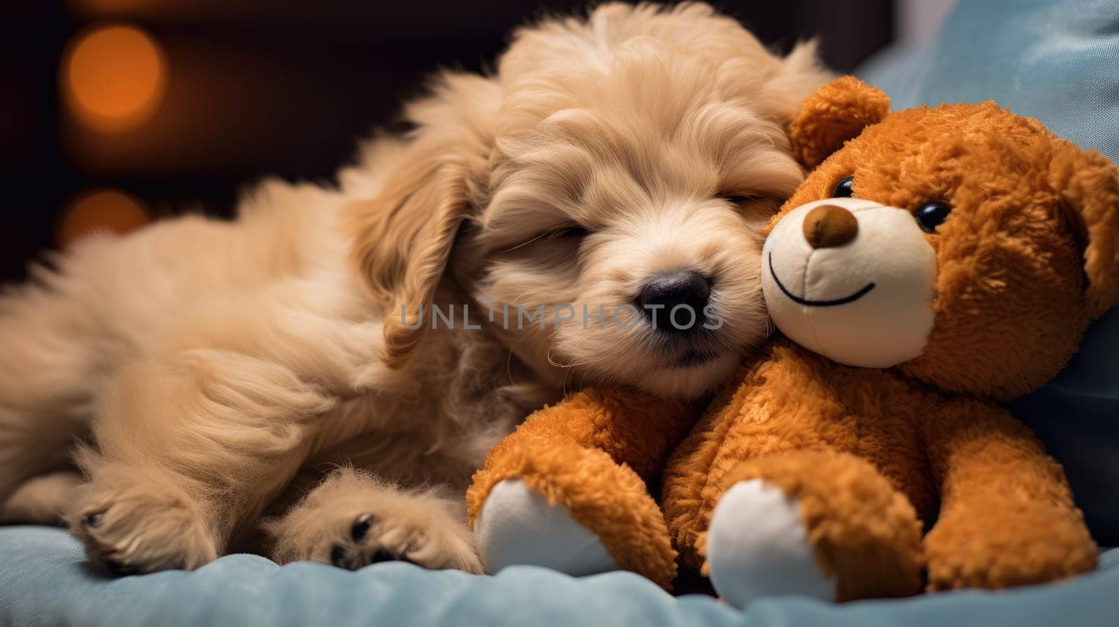 Cute dog sleeps on a soft pillow. The puppy sleeps in an embrace with soft toy by natali_brill
