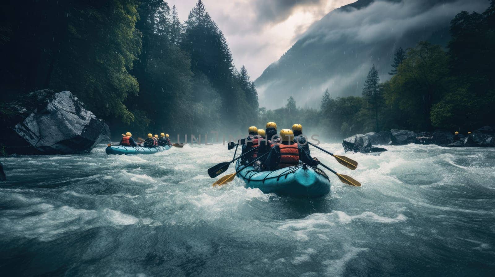 Group of travelers kayaking down a stormy river AI