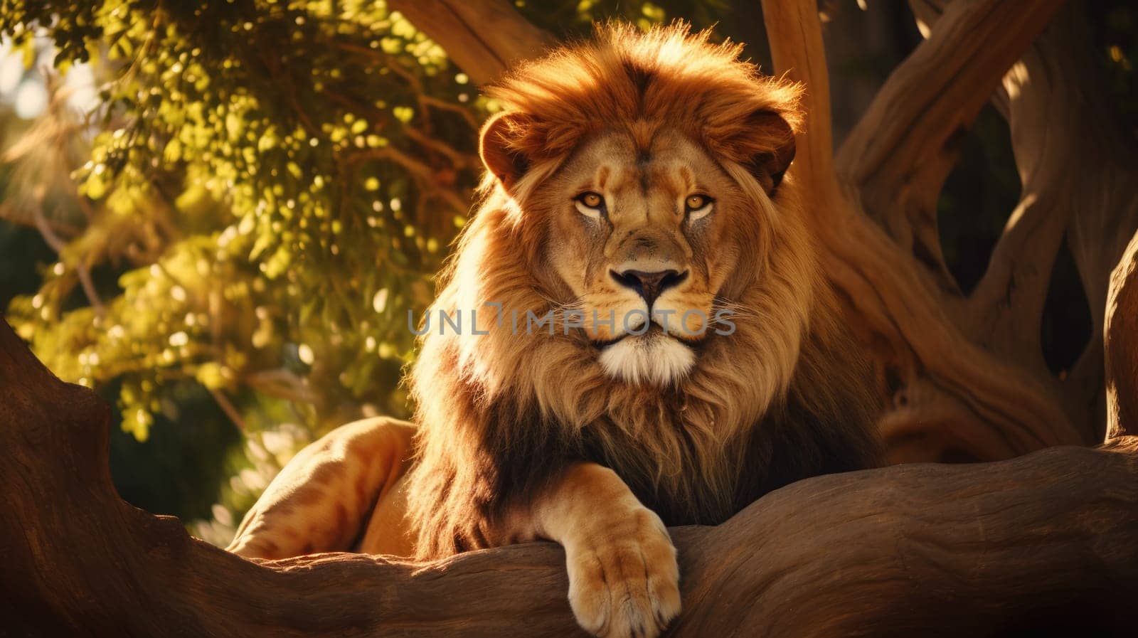 Lion rests in the shade of trees, majestically surveying his territory AI