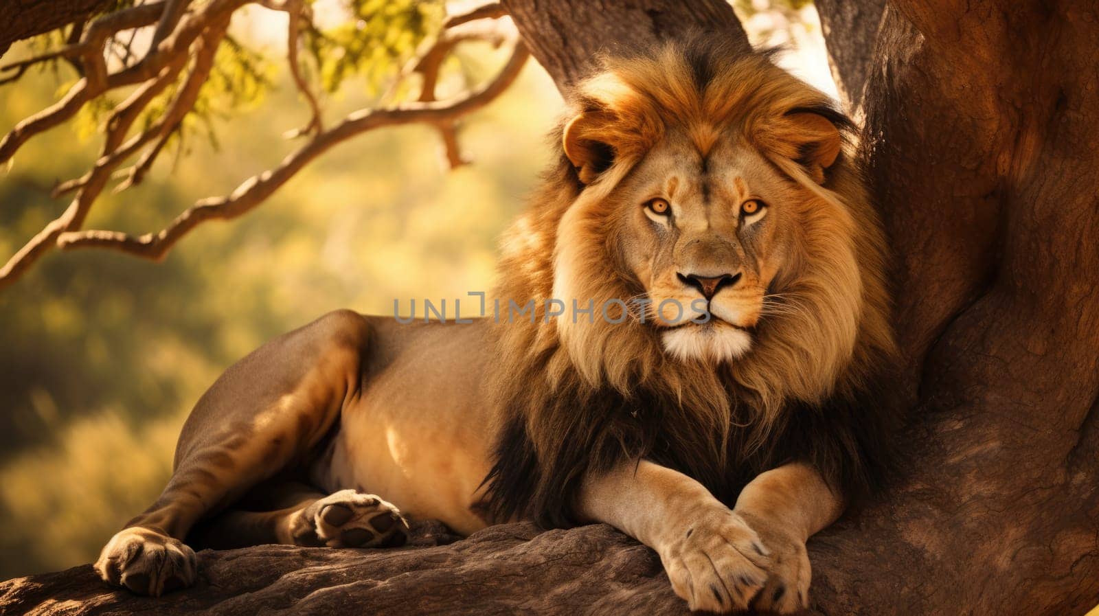 Lion rests in the shade of trees, majestically surveying his territory AI