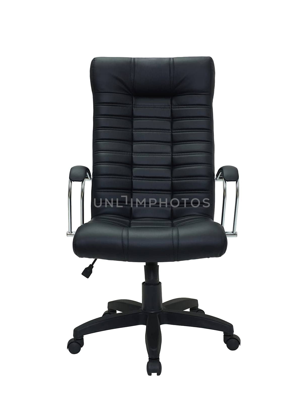 black leather armchair on wheels isolated on white background, front view. modern furniture in minimal style, interior, home design