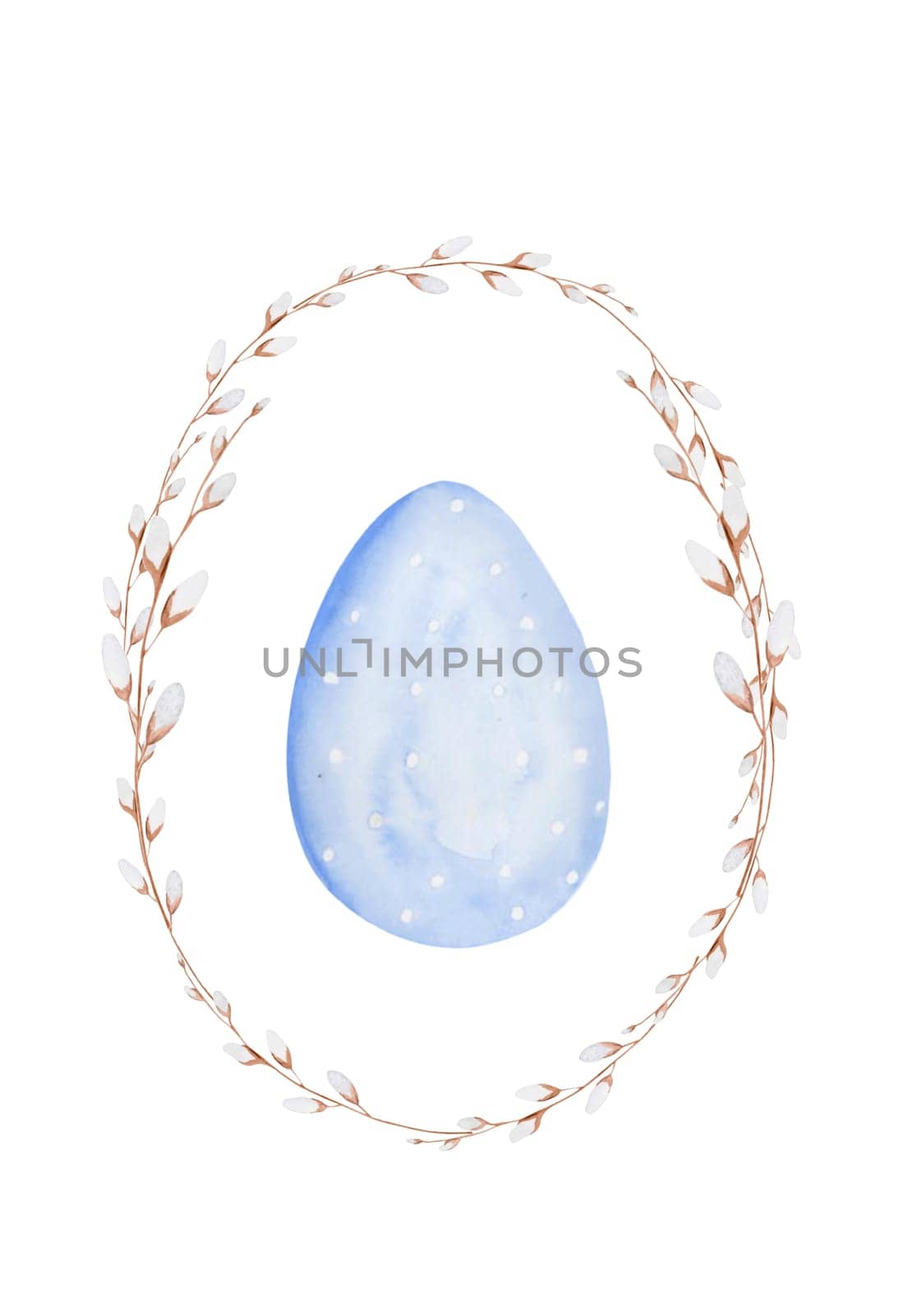 Watercolor Easter drawing card template with a blue pastel colored egg in a frame of willow branches. For designing cute cards and invitations. Isolate on a white background, ready-made postcard. High quality illustration