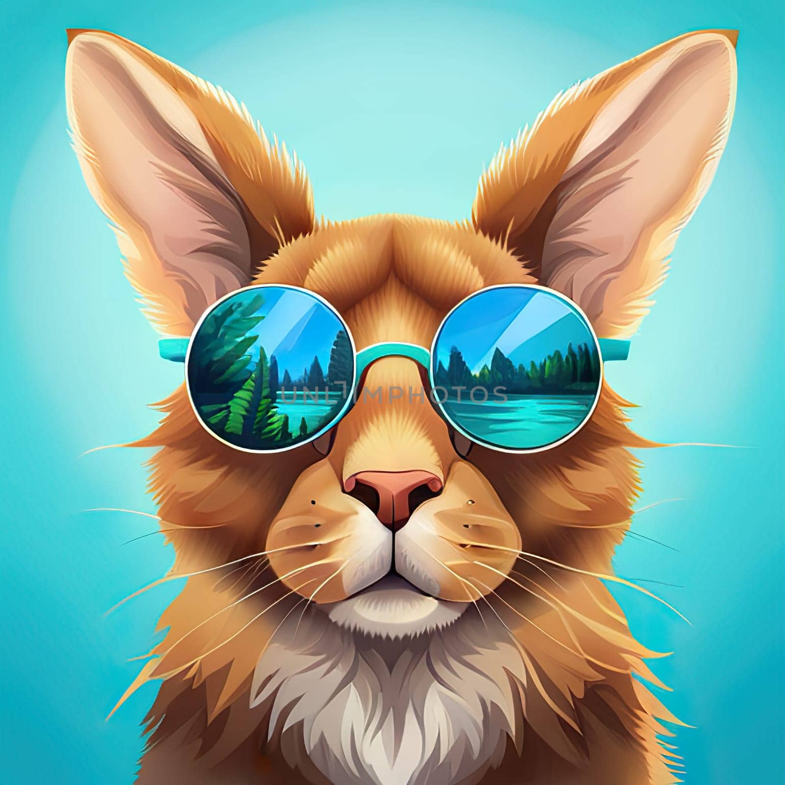 red cute cat in sunglasses on a color background