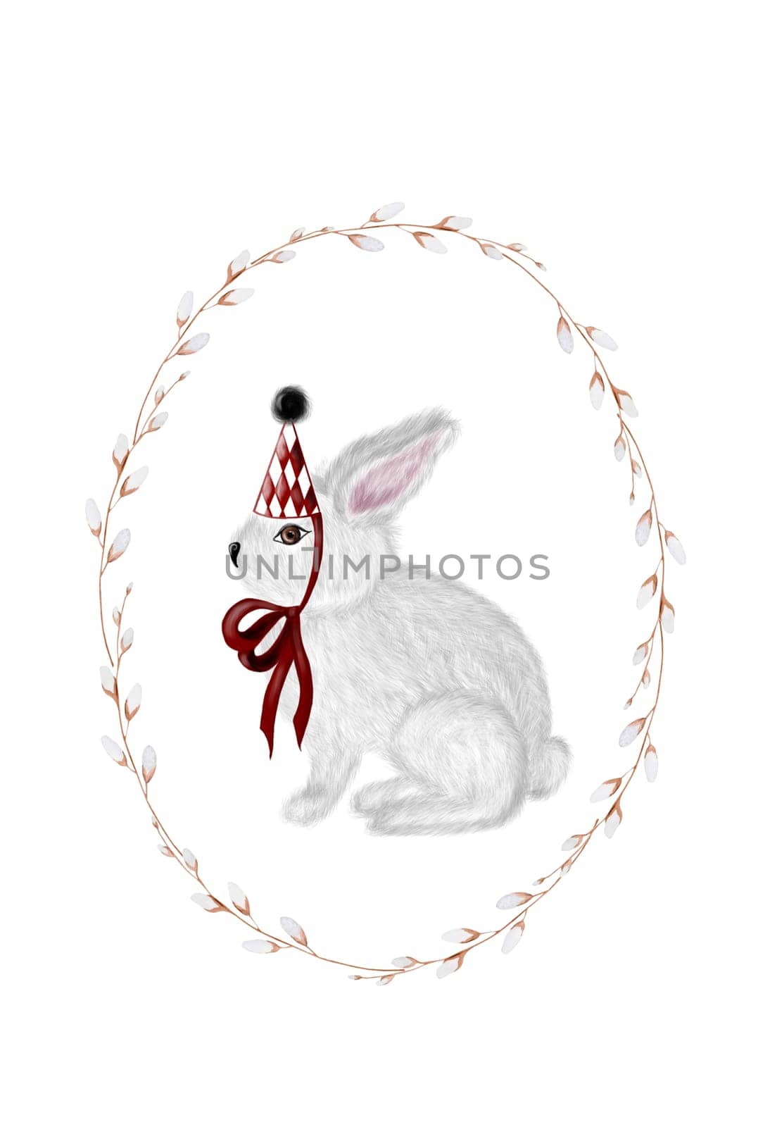 Watercolor easter card vintage little bunny in a red cap in a round frame of branches. Postcard template isolate on a white background for Easter cards. Hand drawn drawing of a cute animal with flowers. High quality photo