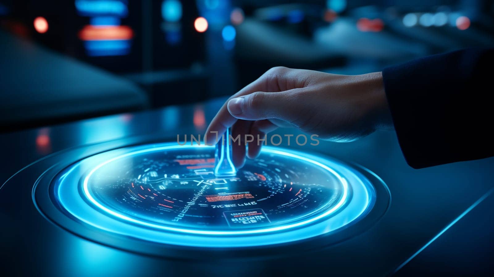 Close-up image of finger touching blue screen. High quality photo