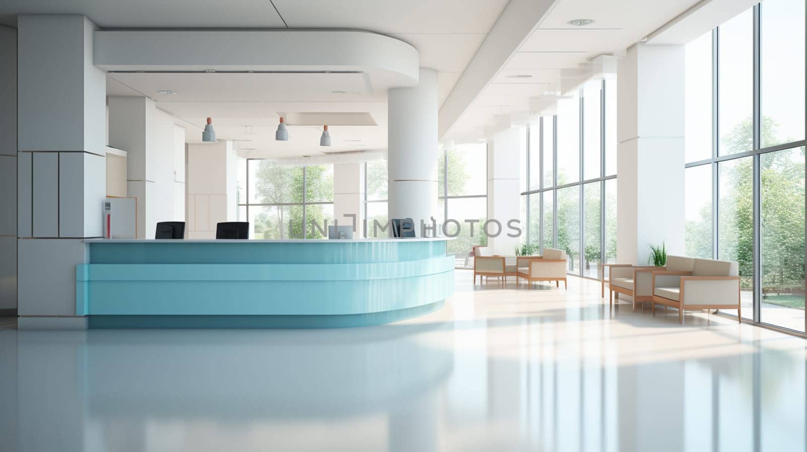 Front view of clean modern hospital corridor with big windows, rows of blue chairs and reception desk. Concept of healthcare. 3d rendering by Andelov13