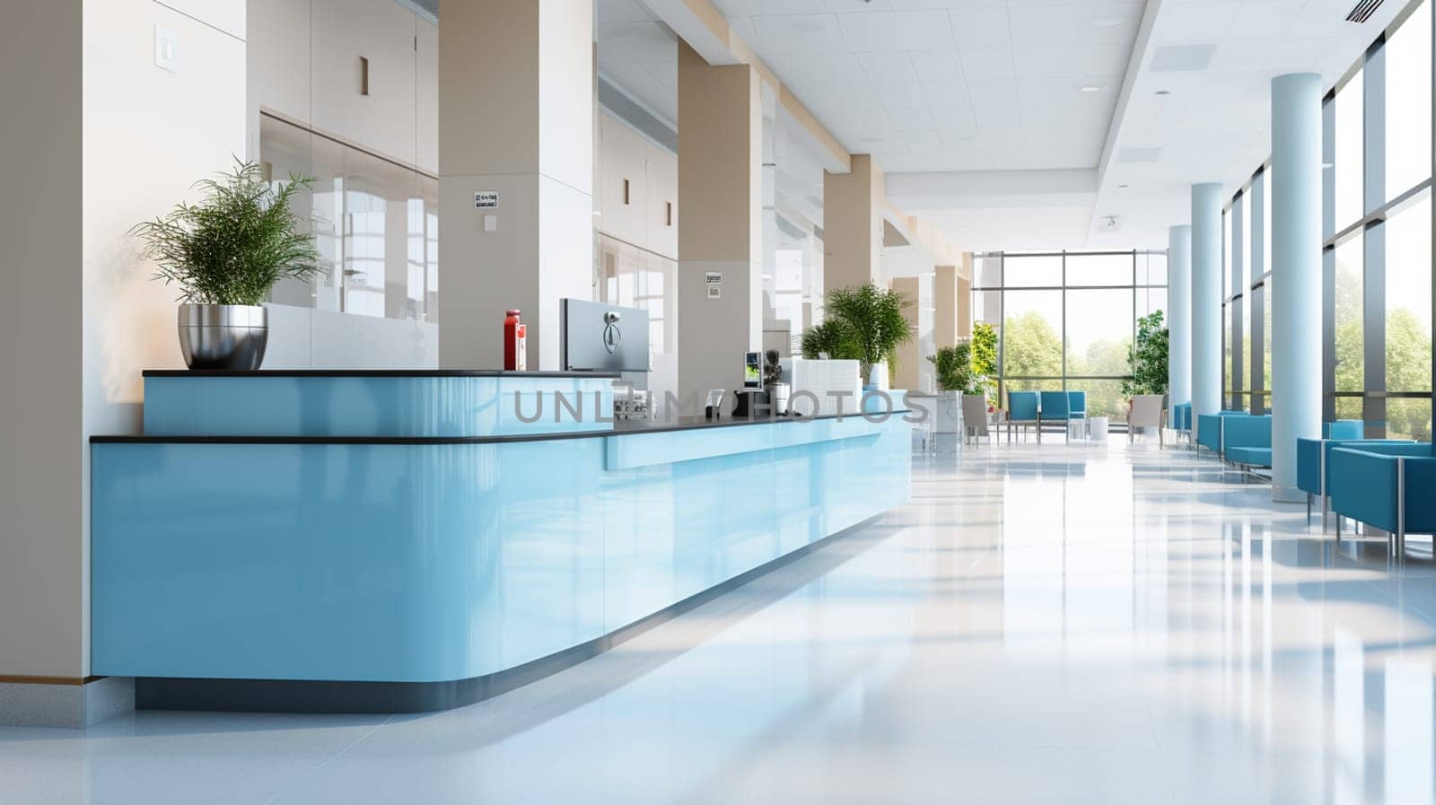 Front view of clean modern hospital corridor with big windows, rows of blue chairs and reception desk. Concept of healthcare. 3d rendering by Andelov13