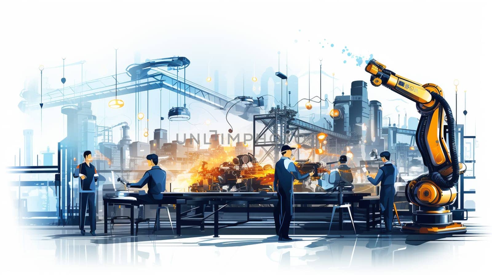 Mechanized industry robot arm and factory worker double exposure . Concept of robotics technology for industrial revolution and automated manufacturing process . High quality photo