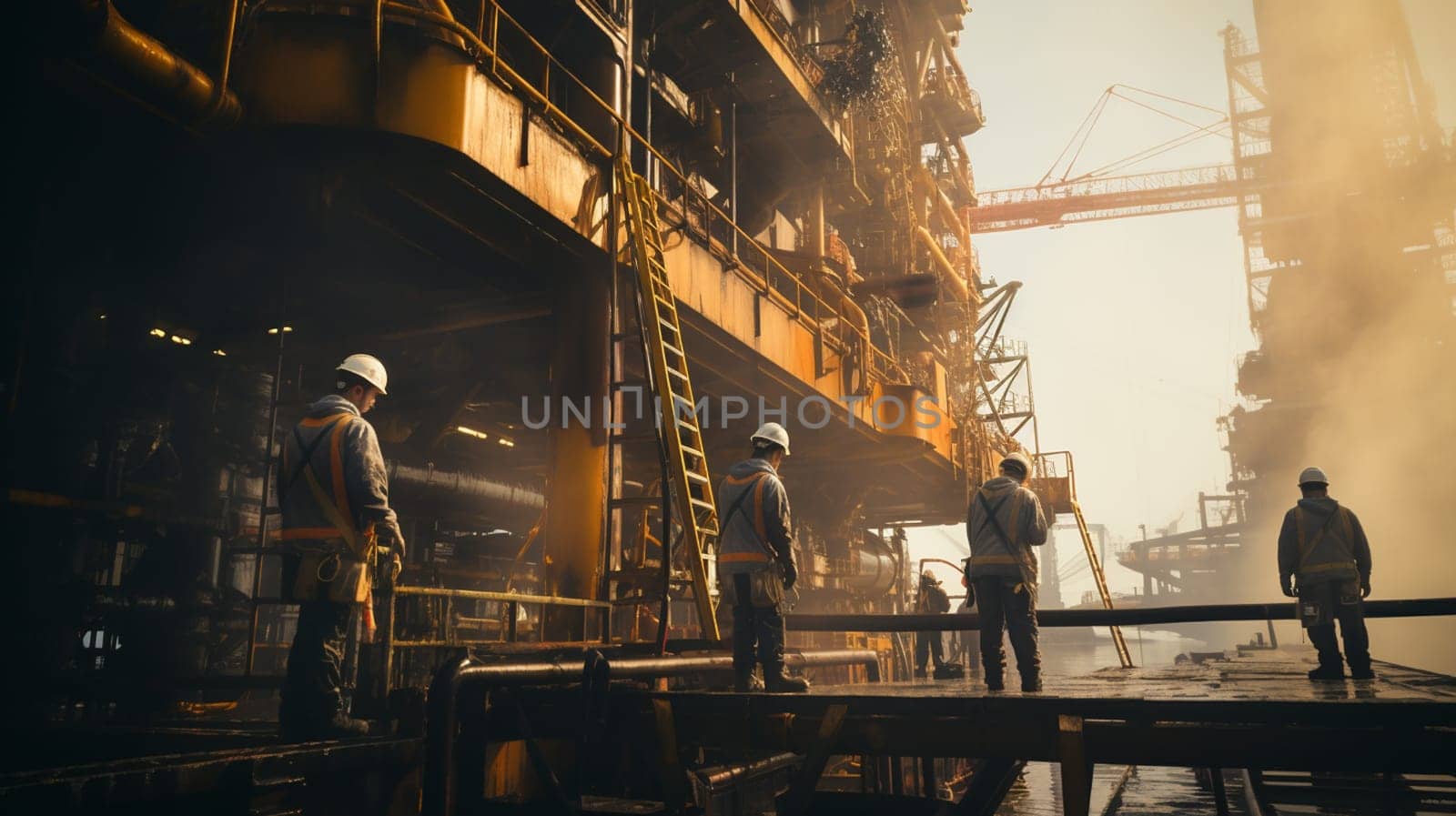 workers in an industrial plant for the production and processing of crude oil . High quality photo