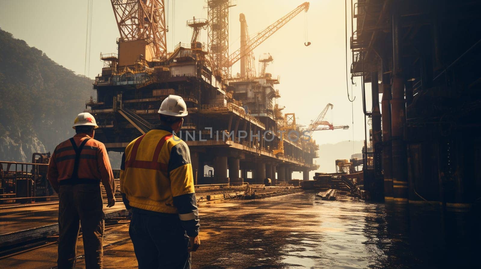 workers in an industrial plant for the production and processing of crude oil . High quality photo