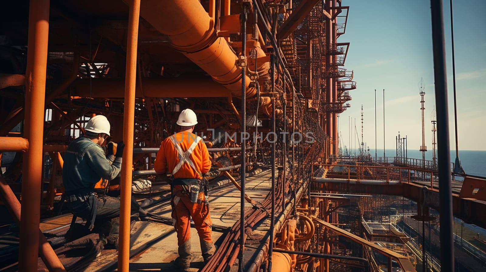workers in an industrial plant for the production and processing of crude oil . High quality photo
