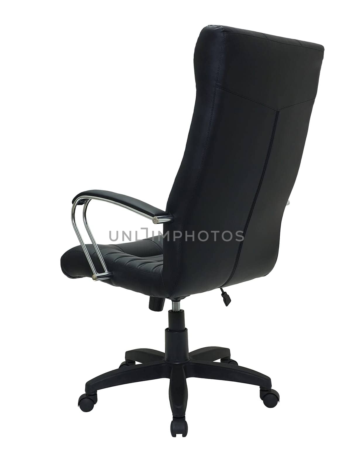 black leather armchair on wheels isolated on white background, back view. modern furniture in minimal style, interior, home design