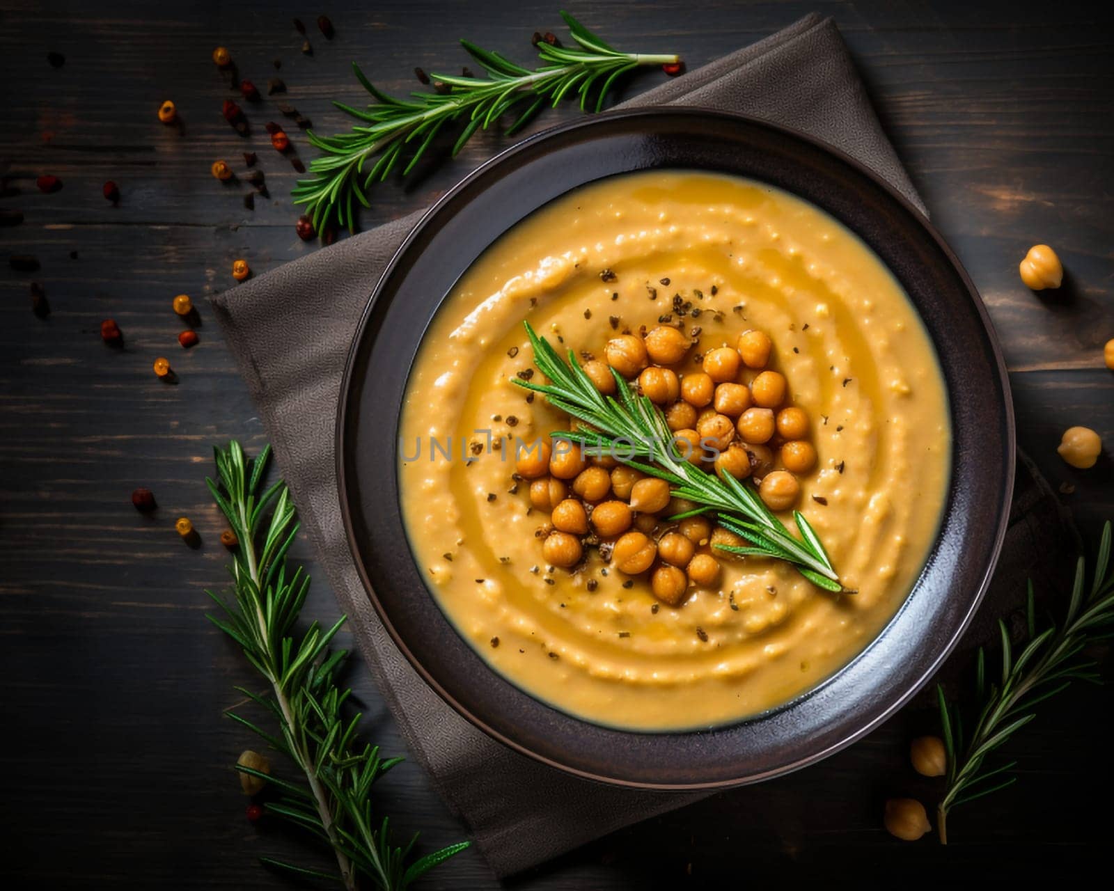 Top view of Chickpea soup, traditional Italian winter dish, in Umbria. A warm and nourishing soup made with chickpeas and flavors such as rosemary and garlic. on a white plate in a elegant restaurant decorated for Christmas time. Healthy vegetarian food.