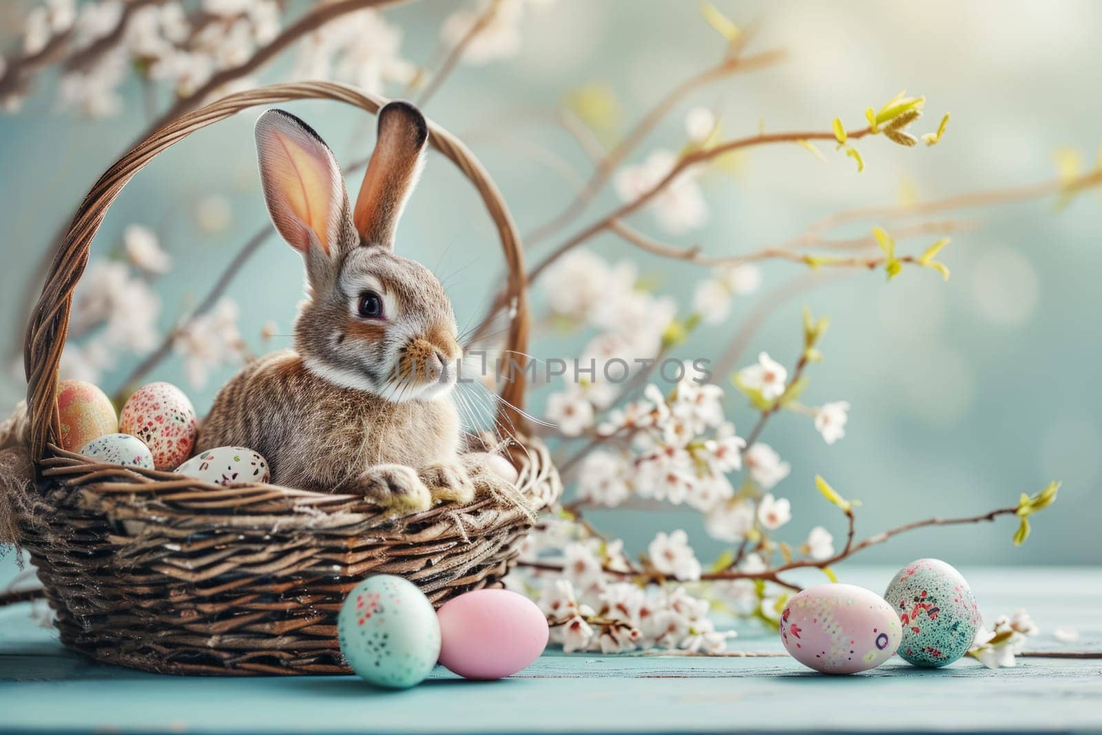 photo Easter bunny and basket with eggs on pastel background by rusak