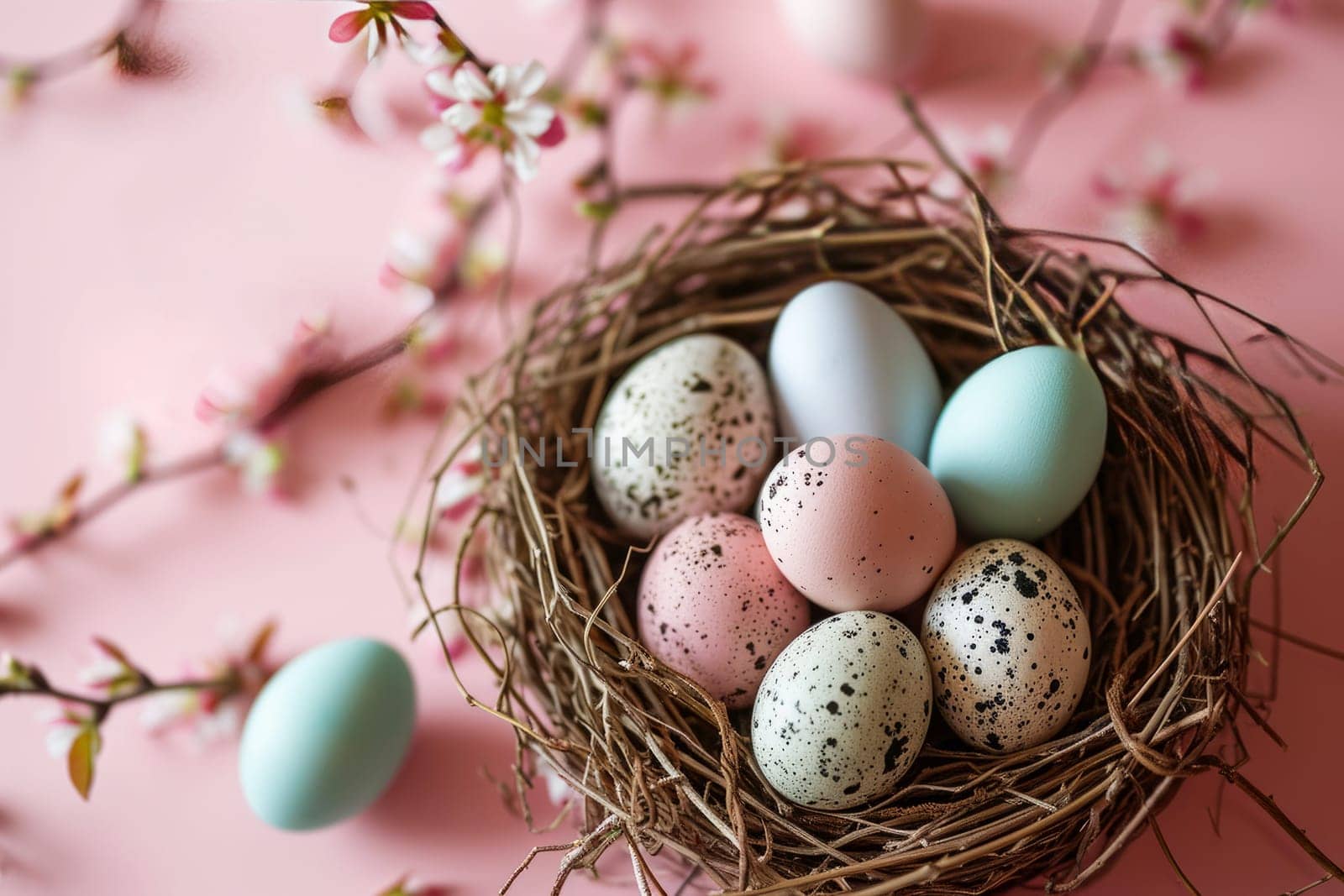 Eggs in bird nest in the corner on pink pastel backround. Top view, flat lay