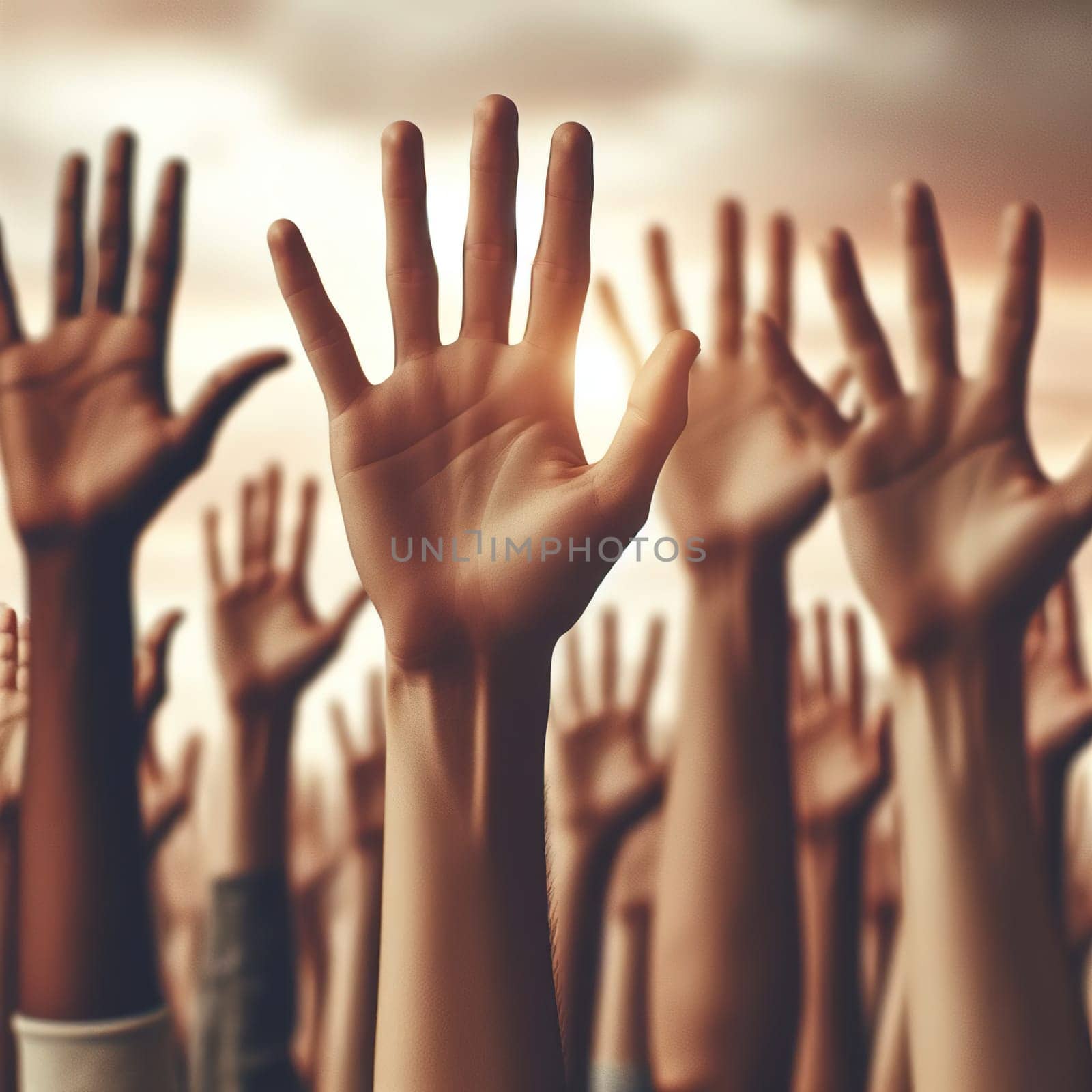 People raised their hands up. High quality photo