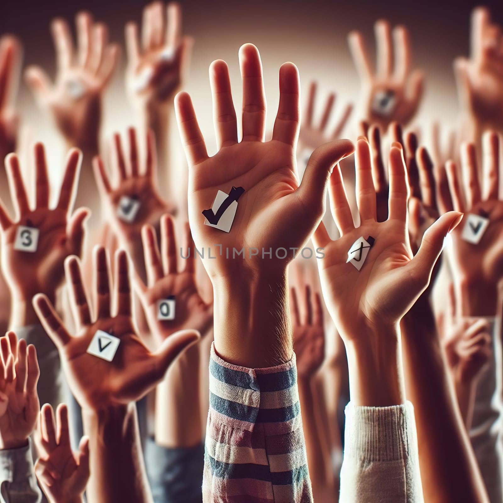 People raised their hands up. High quality photo