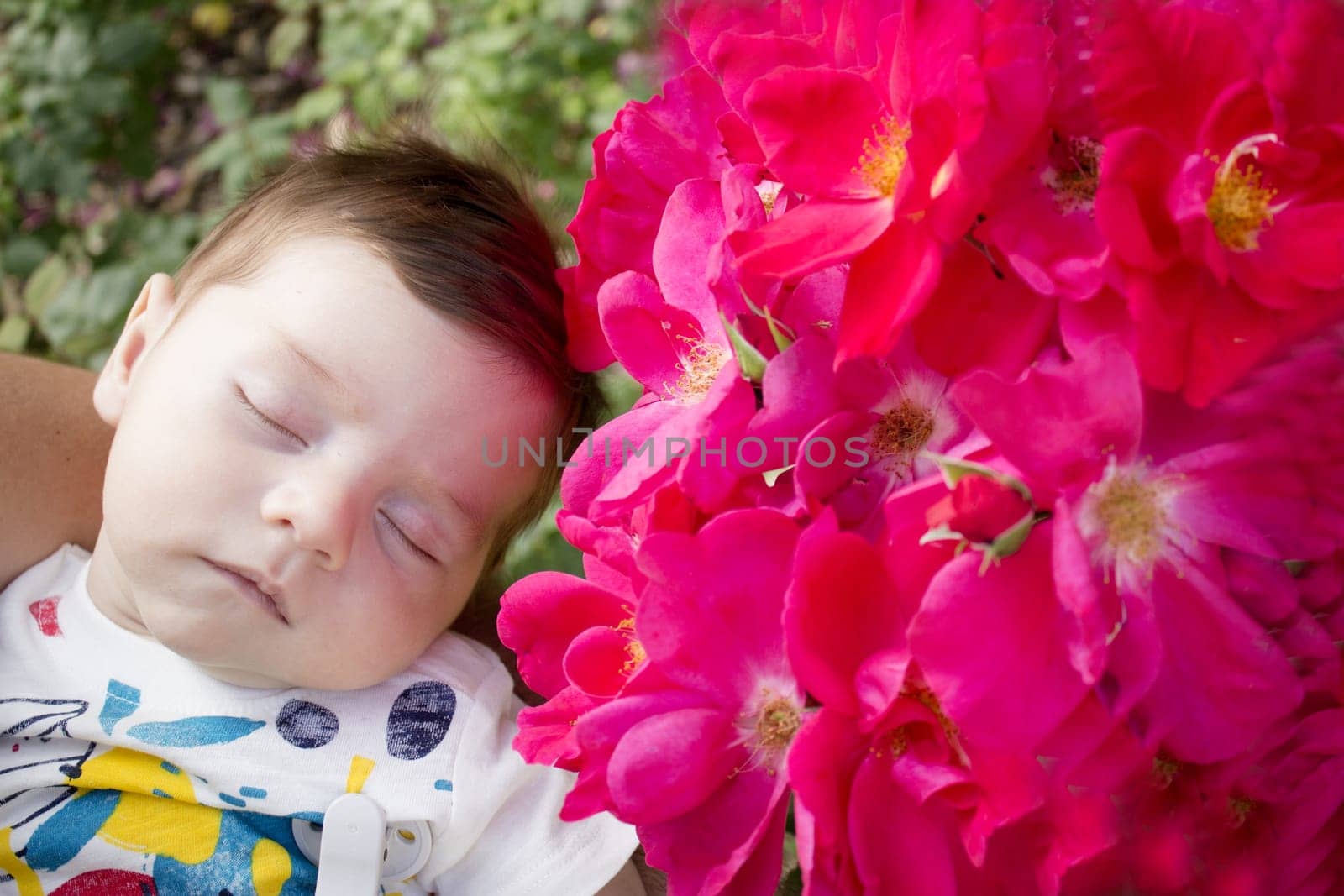 Sleeping baby surrounded by pink flowers. Spring time