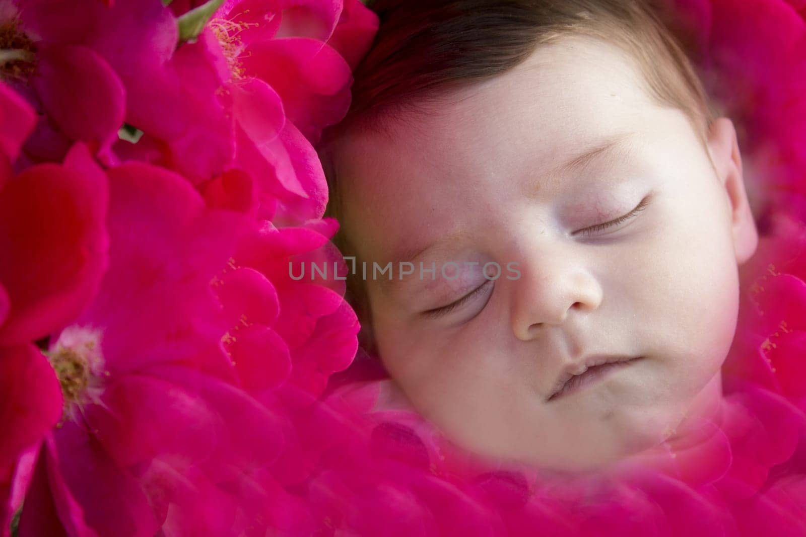 Sleeping baby surrounded by pink flowers. Spring time