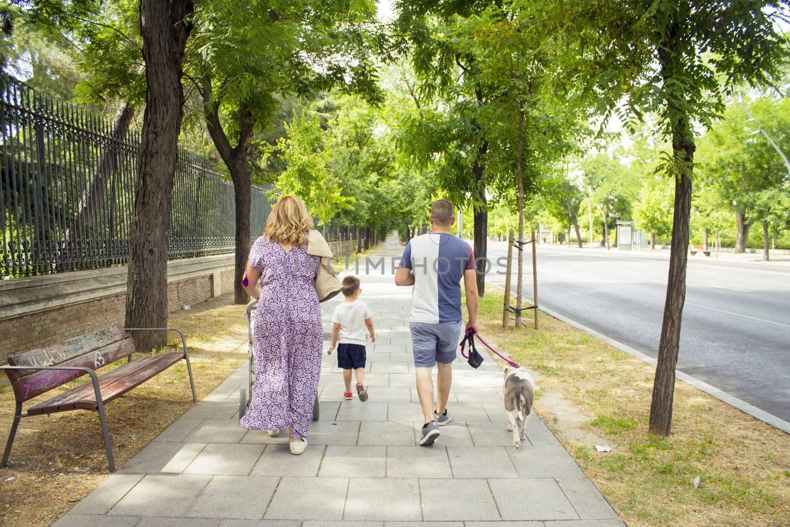 Family walking through the streets seen from behind. Day scene