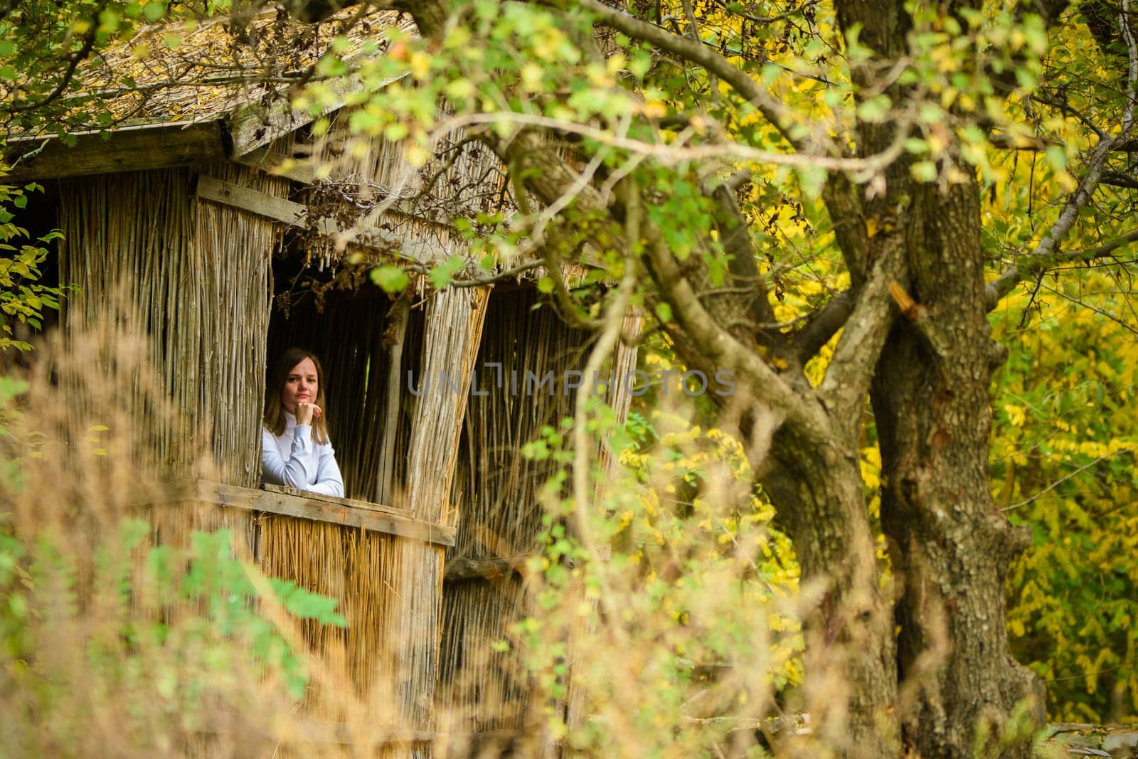 A young beautiful girl looks out of the window of an old abandoned house in the forest a