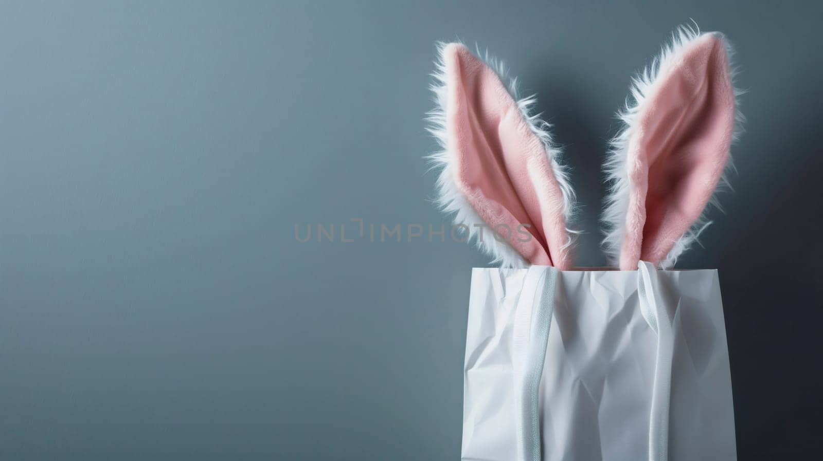 Pink velvet bunny ears in a paper bag on a gray background. by Nataliya