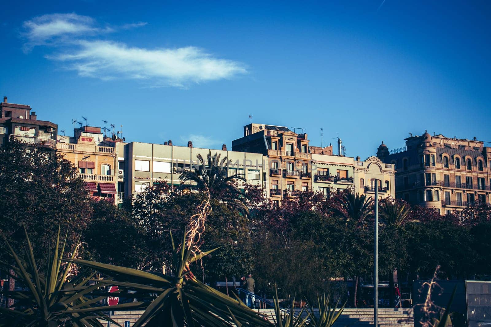 Barcelona seaside district concept photo. Sunny day with blue sky. Barceloneta beach. Beautiful urban scenery photography. Street scene. High quality picture for wallpaper, article