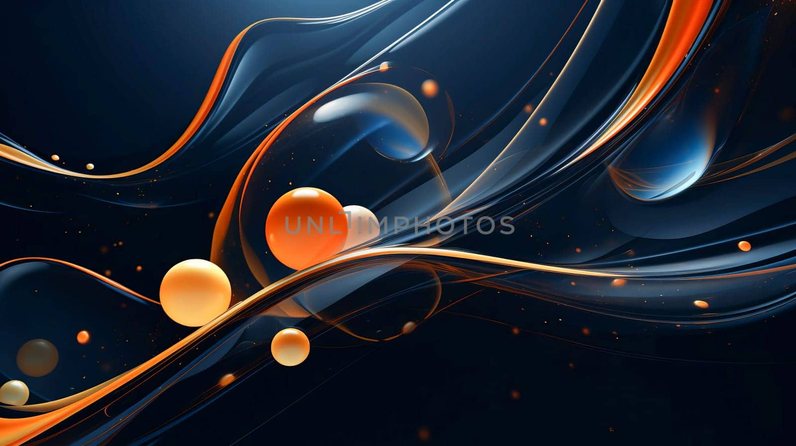 Dark azure abstract background with orange bubbles and waves.