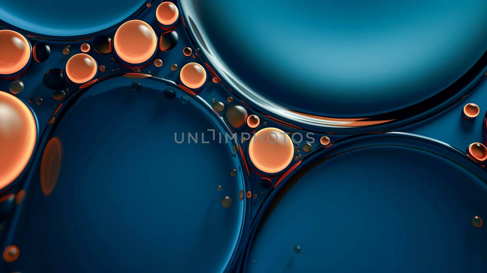 Dark azure abstract background with orange bubbles and waves. by OlgaGubskaya