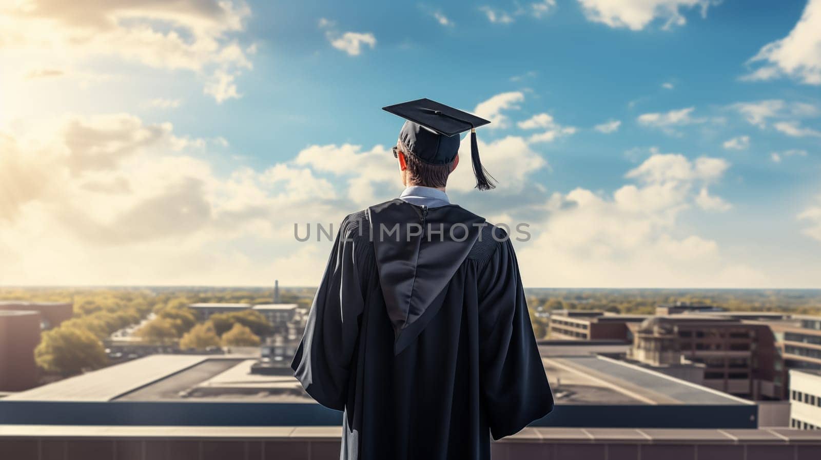 A rear view of a graduate standing outdoors against a background of blue sky by Zakharova