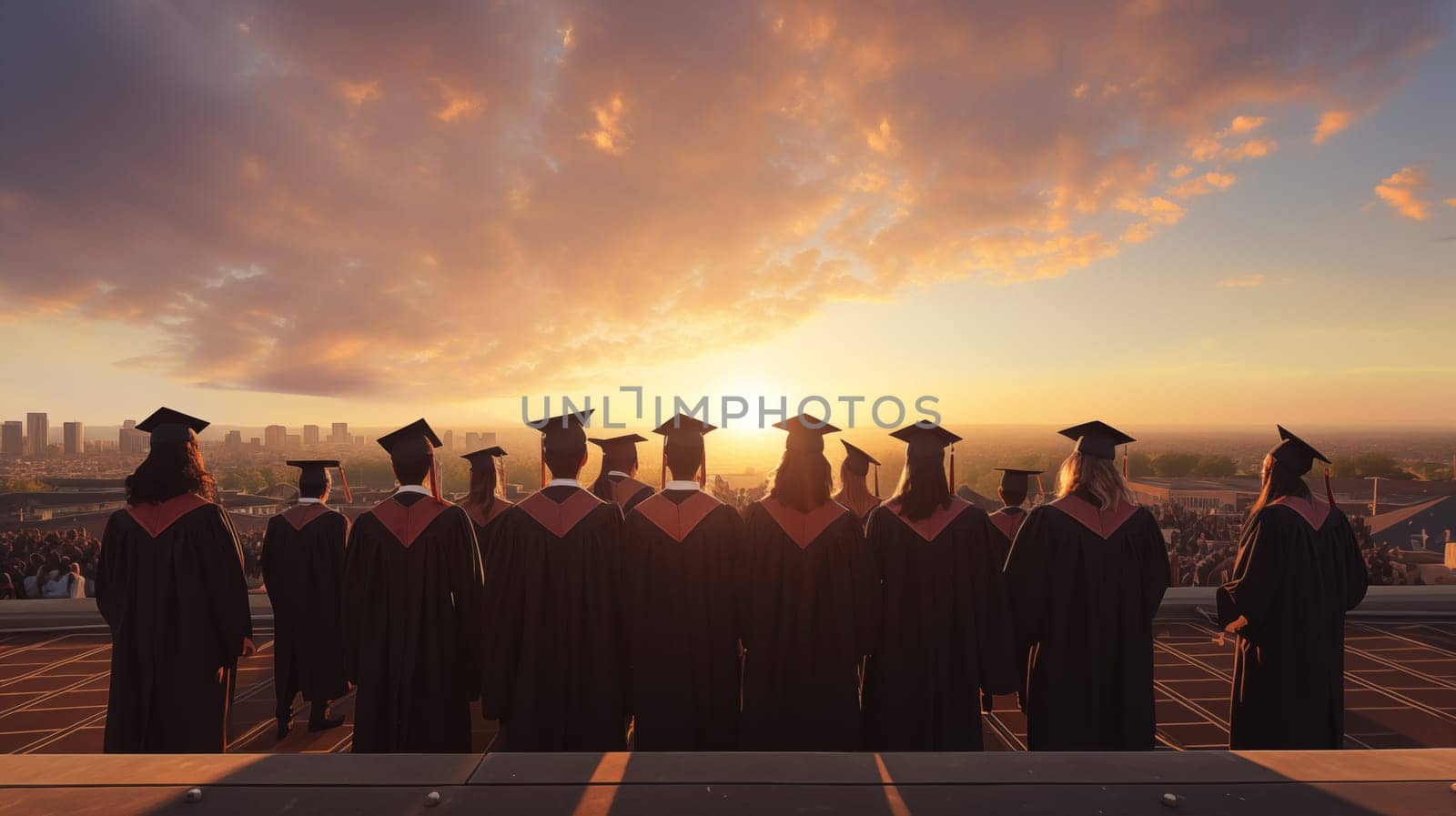 Rear view of a group of graduates standing outdoors, at sky sunset by Zakharova