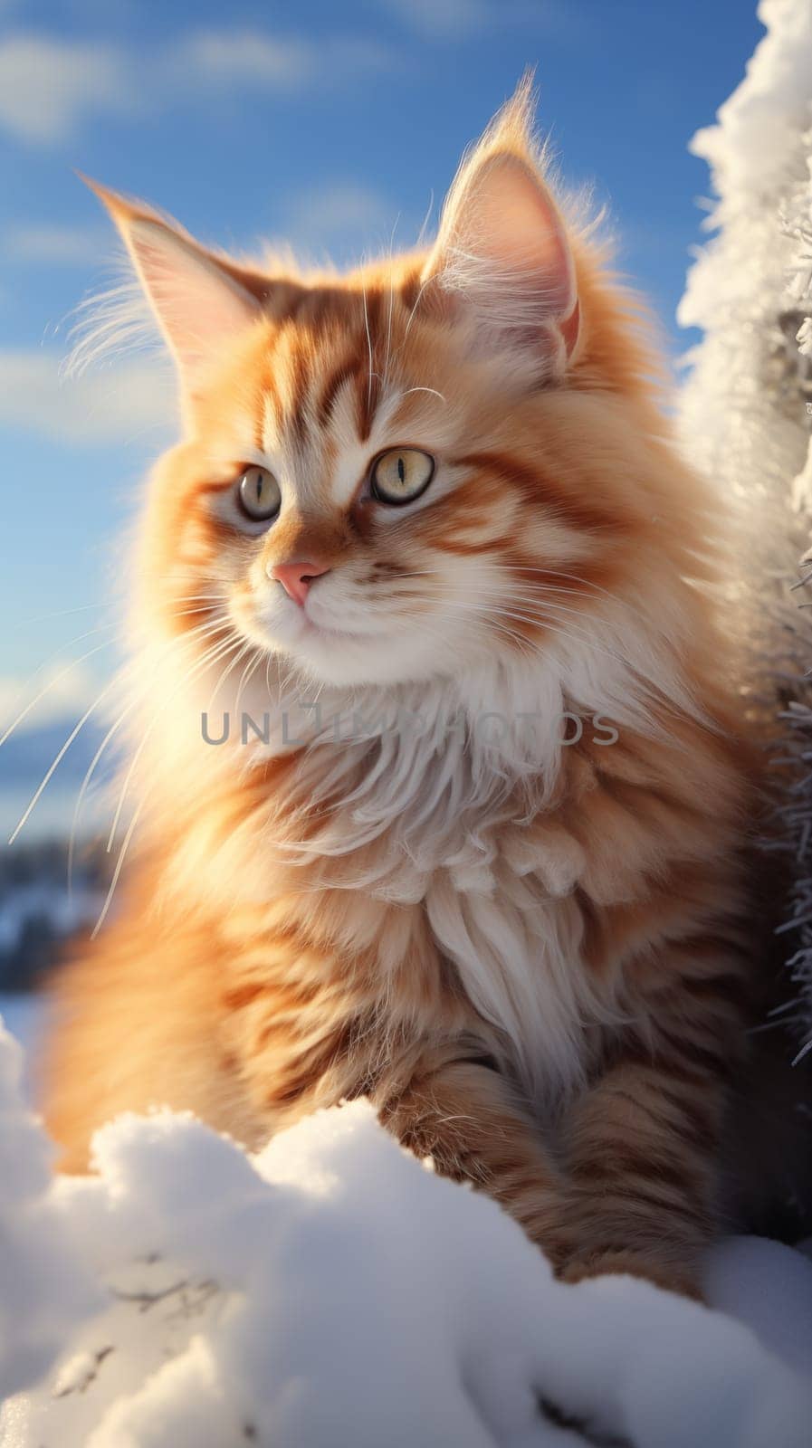 Beautiful ,ginger cat, sitting on the snow on a sunny winter day. Looking away.Vertical