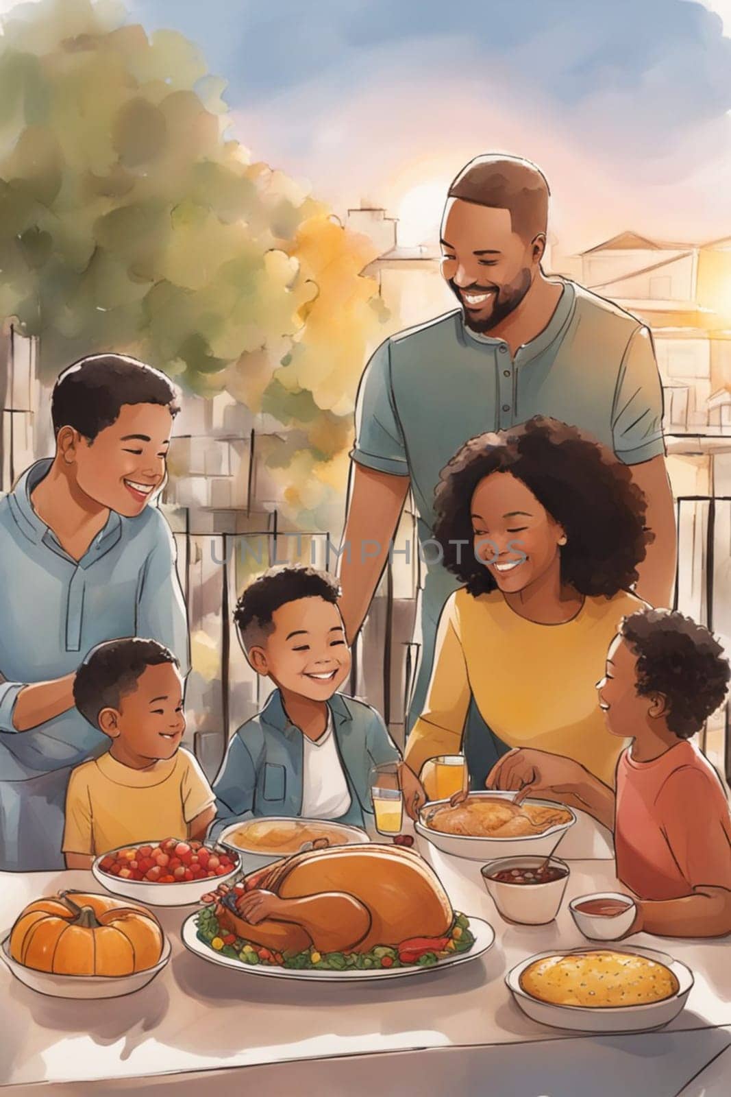 loving family enjoy thanksgiving lunch at the table illustration generative ai art