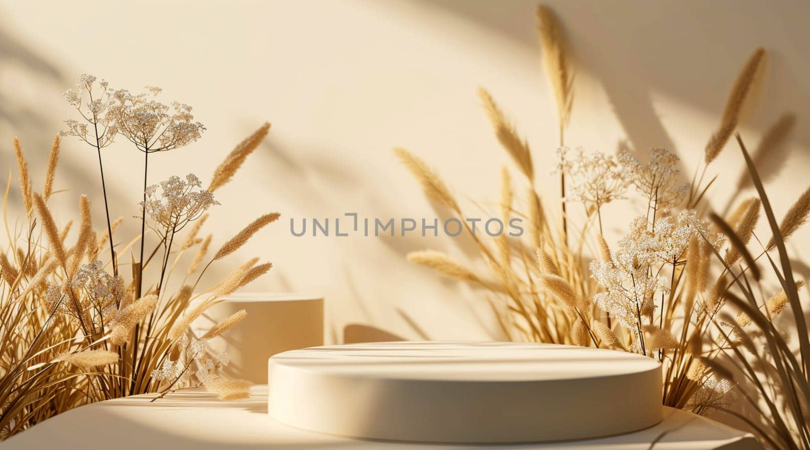 Beige minimalistic pedestal with dry grass in the background and shade from the sun. The layout of the presentation of natural cosmetics and products. High quality photo