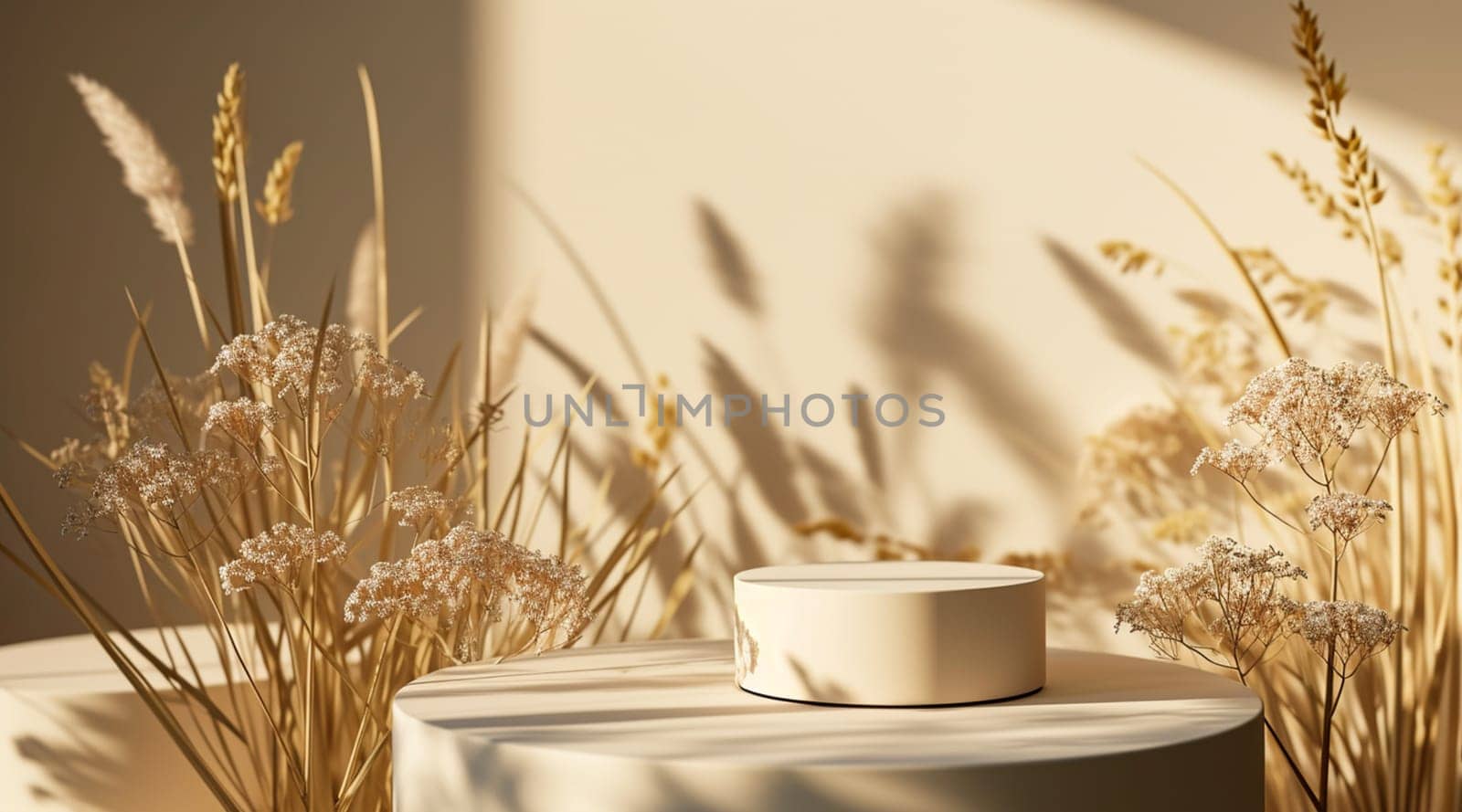 Beige minimalistic pedestal with dry grass in the background and shade from the sun. The layout of the presentation of natural cosmetics and products. High quality photo