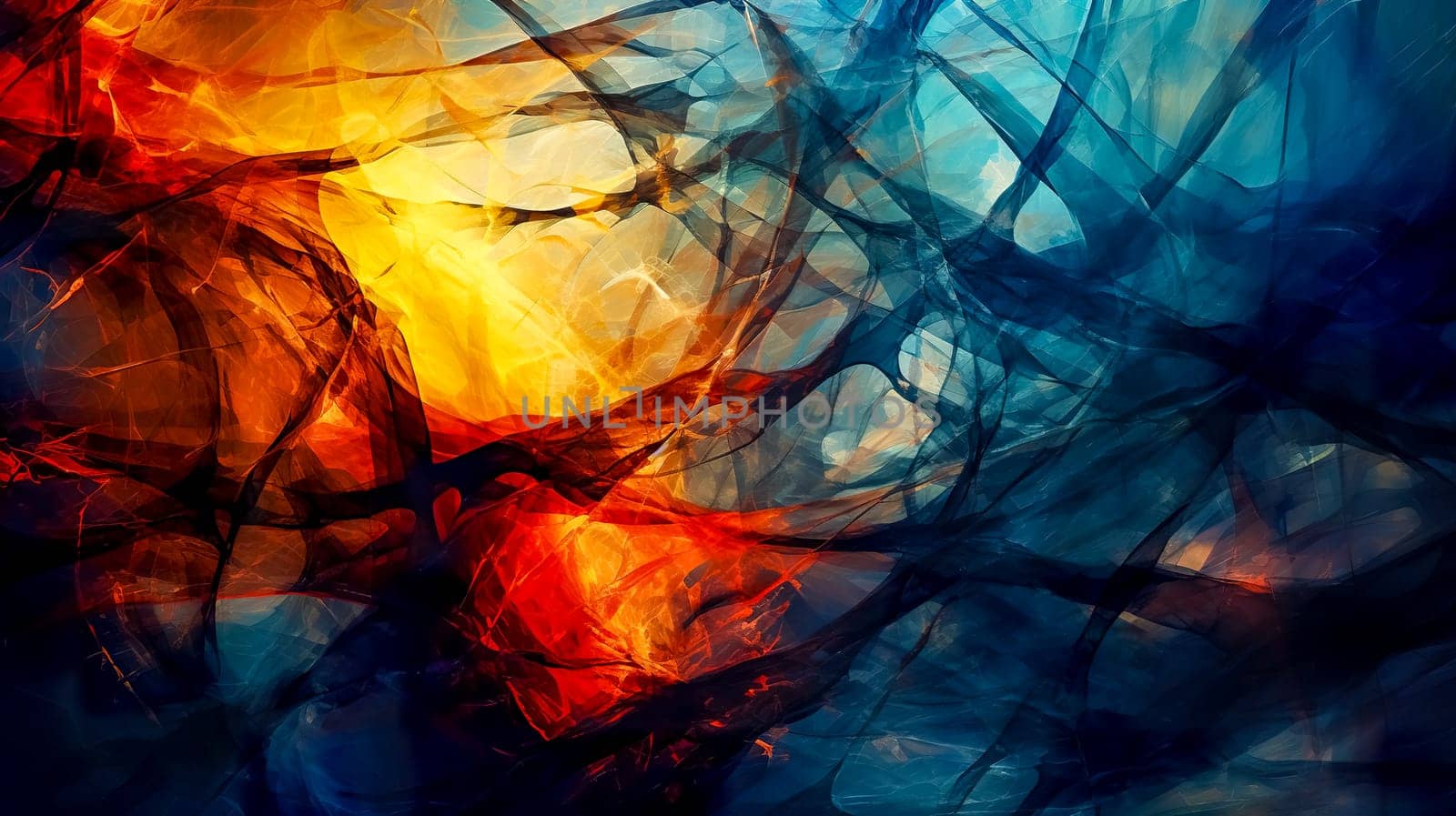 Abstract digital artwork with chaotic swirls of blue and orange