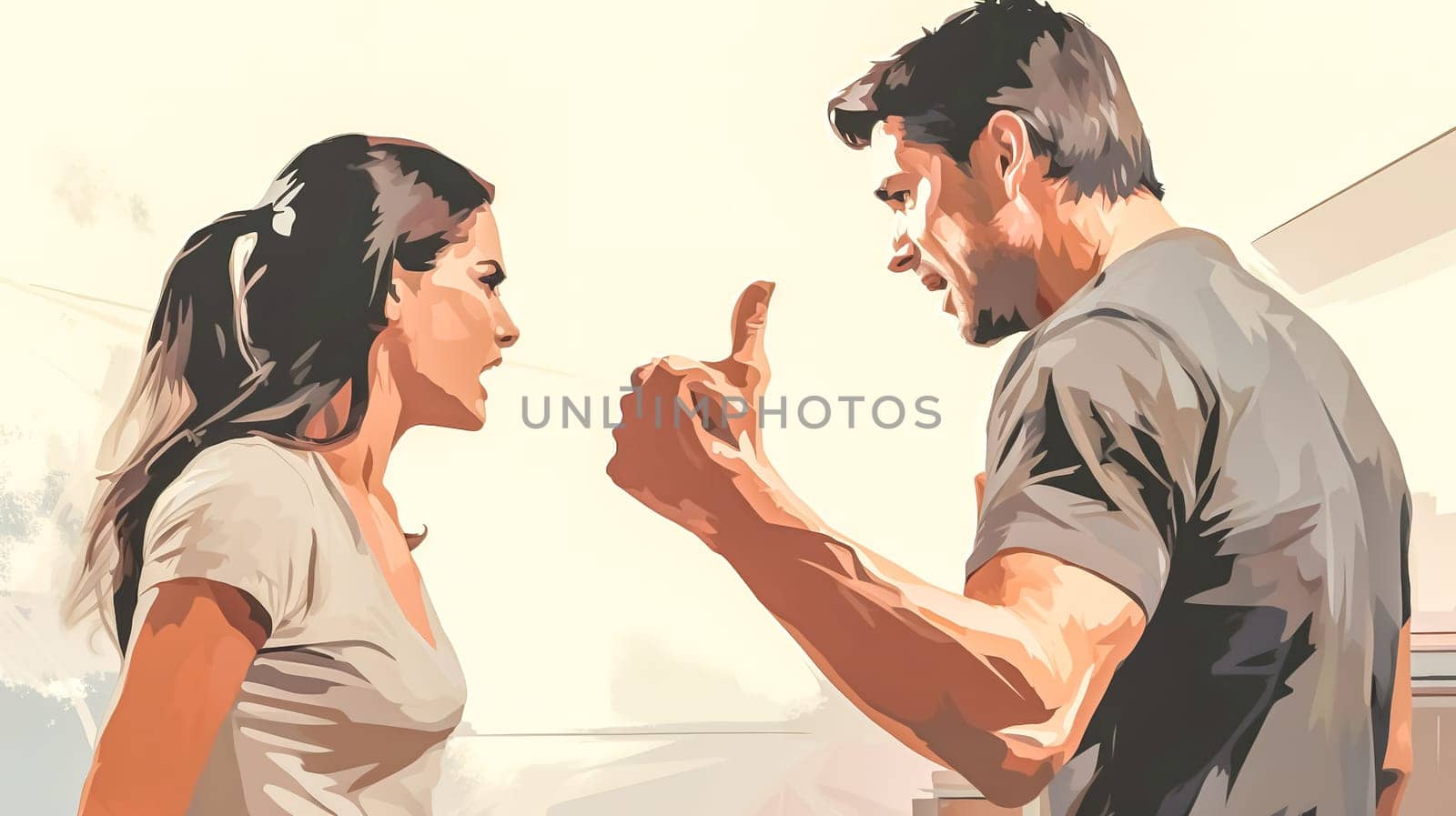 A woman and man in a heated argument, with the man pointing a finger and the woman looking defiant, the concept of partner disputes and domestic violence.