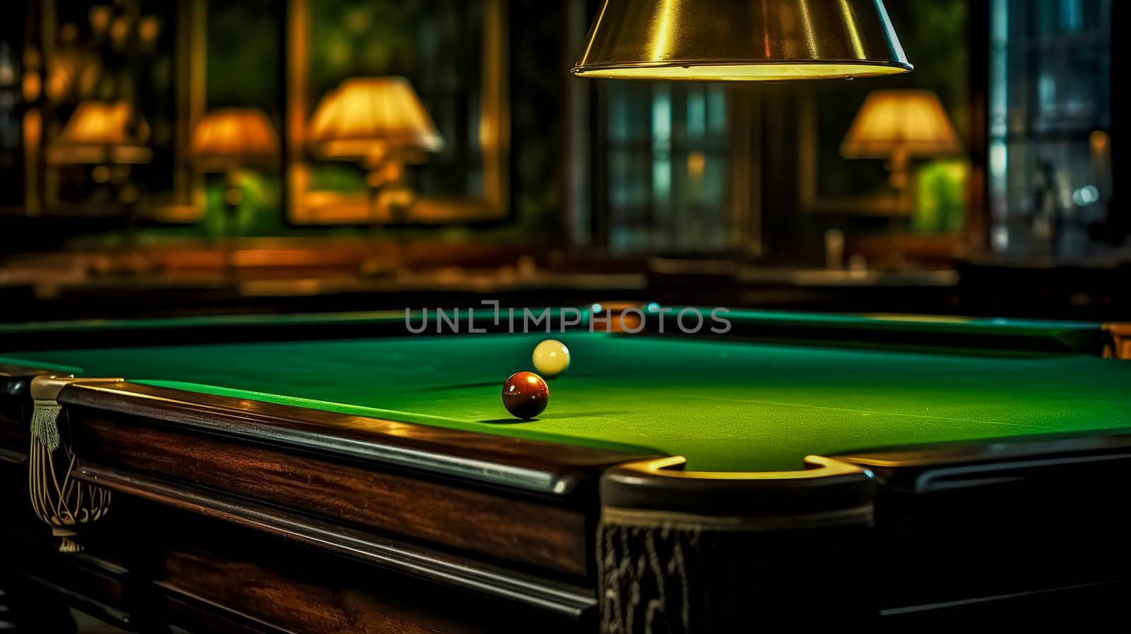 A dimly lit billiard room with focused lighting over the green felt pool table, accentuating the poised billiard balls and the elegance of the game.