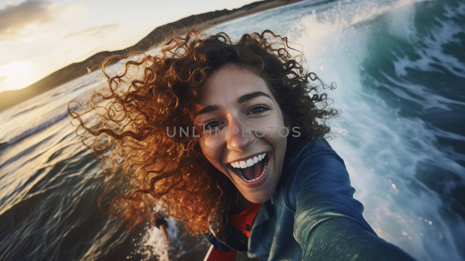 portrait of happy curly Gen Z girl on surfboard taking selfie with landscape and rocks, laughing fun, sea on sunny summer day, high quality photo