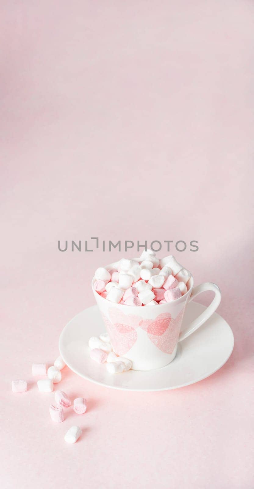 pastel peach still life with mini marshmallows in porcelain cup with pink hearts, gift for Mother's Day,Valentine's Day by KaterinaDalemans