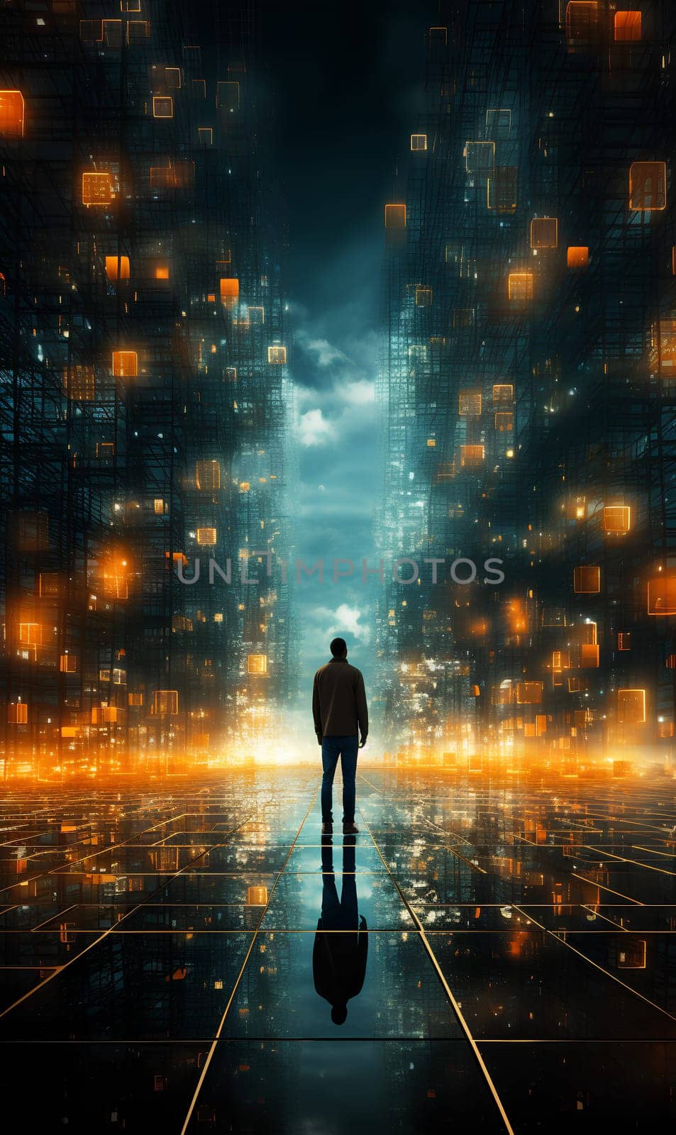 A man standing in a futuristic space with orange glowing cubes by chrisroll