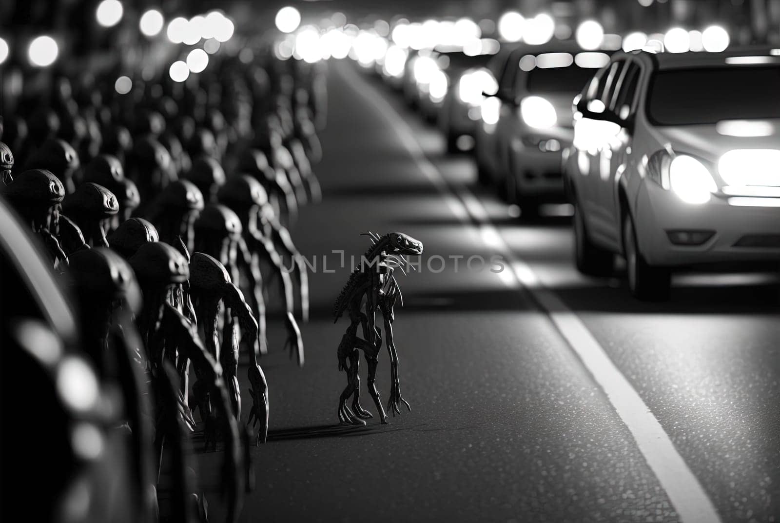 Alien crowd on the street. Monster invaders in sci-fi scene. Generated AI. by SwillKch