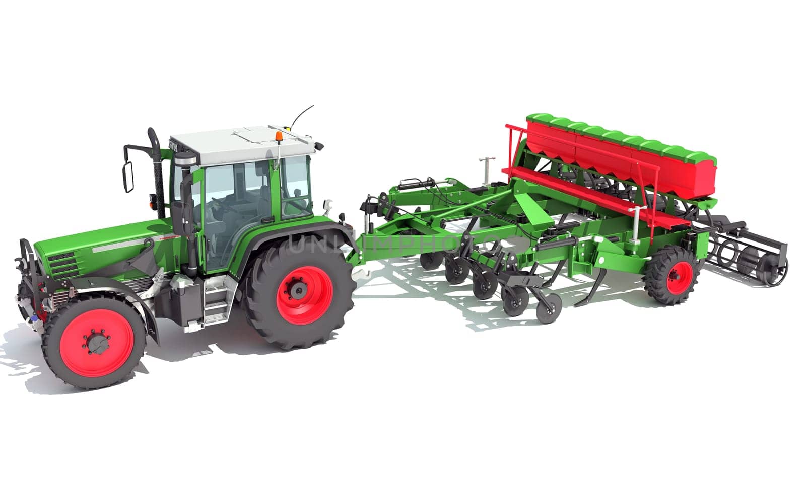 Tractor with Seed Drill farm equipment disc harrow 3D rendering model on white background