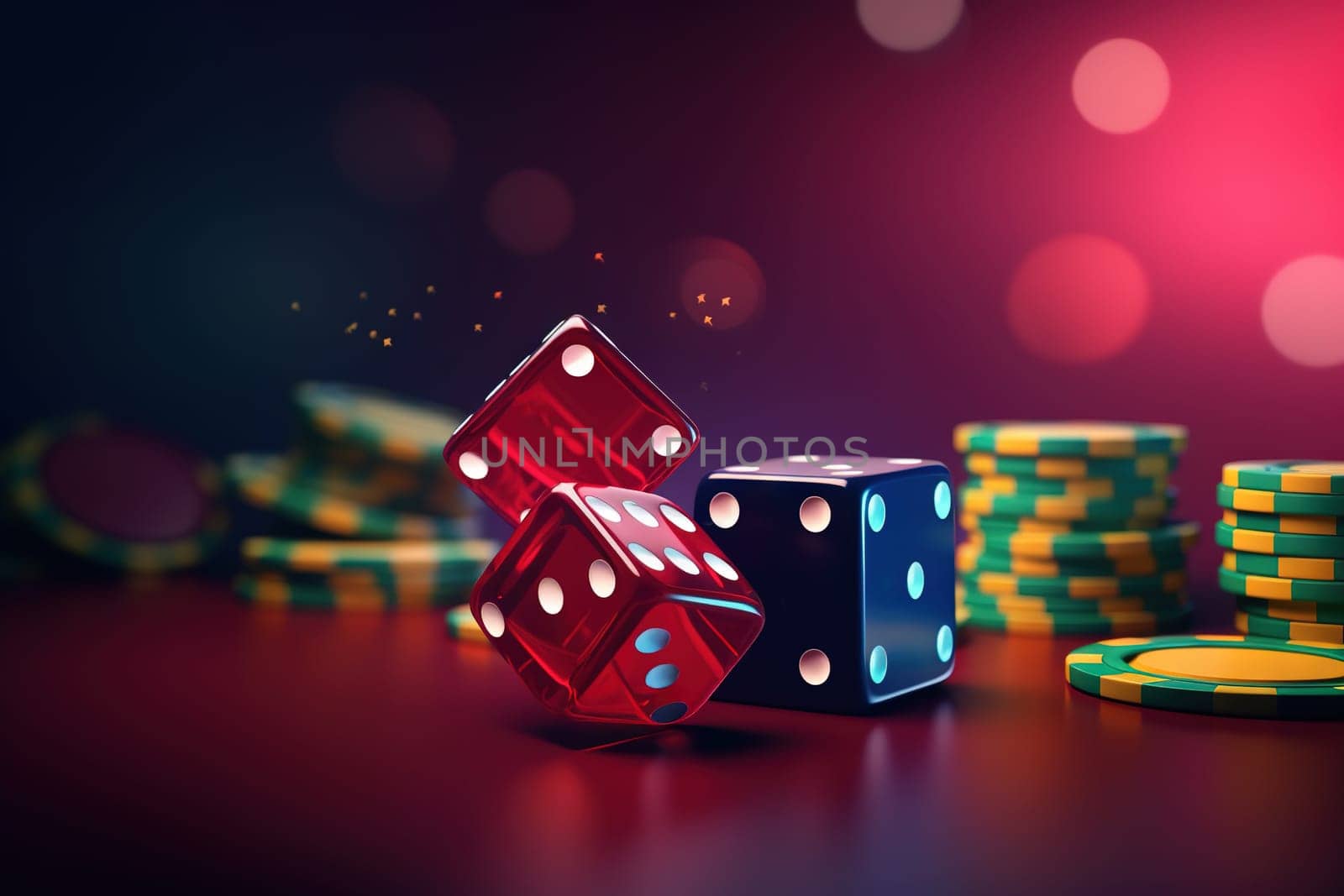 Casino concept with abstract gambling objects. Dark casino room with roulette, cards and dices. Generative AI. by SwillKch