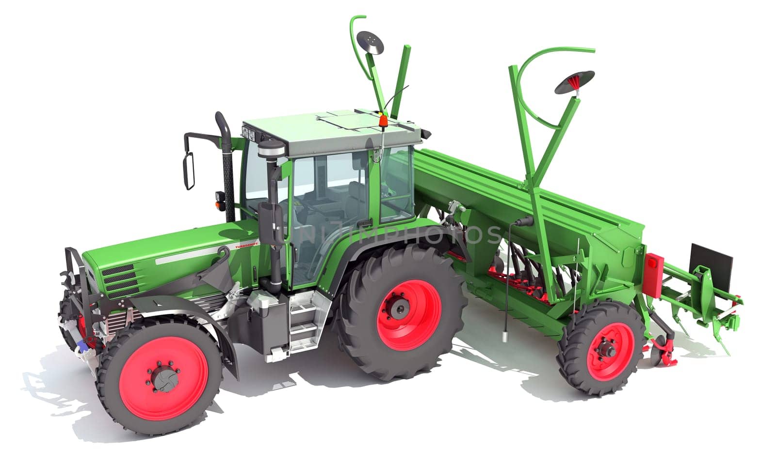 Tractor with Seed Drill farm equipment disc harrow 3D rendering model on white background