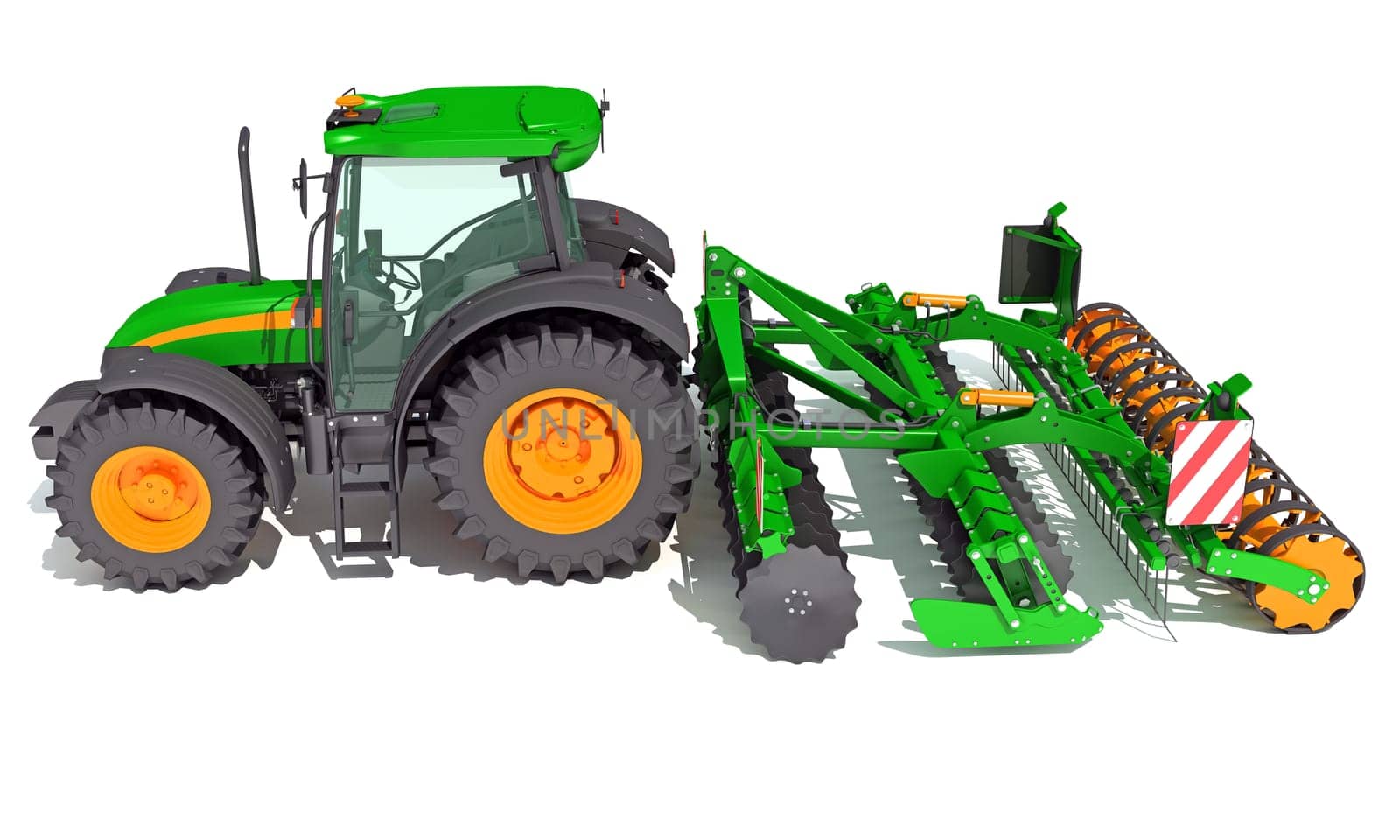 Tractor with Seed Drill farm equipment disc harrow 3D rendering model on white background