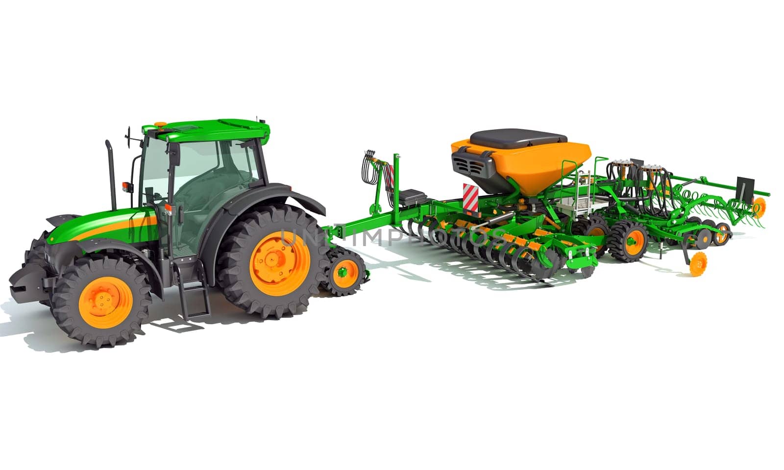 Tractor with Seed Drill farm equipment disc harrow 3D rendering on white background by 3DHorse